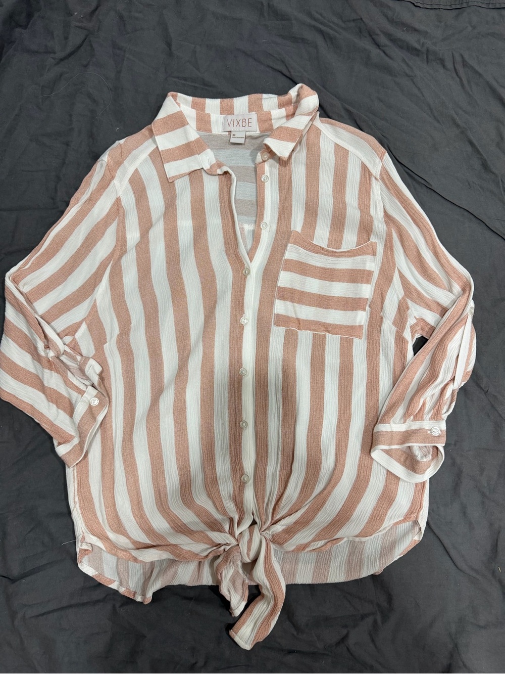 Vixbe Striped Tie-Front Button-Down Shirt - Cream & Tan